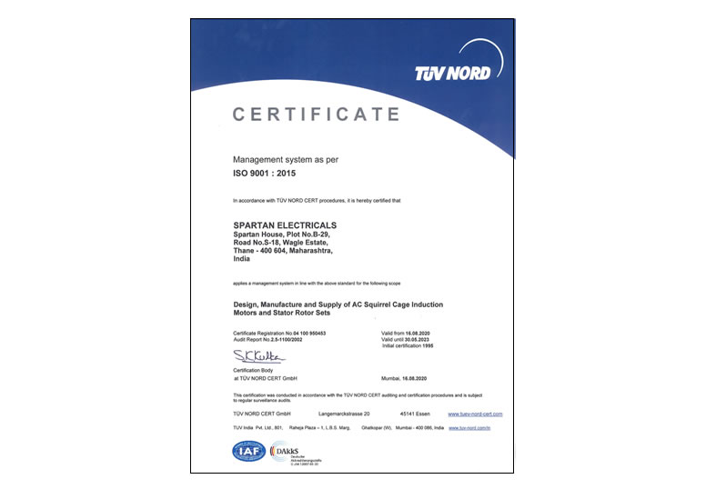 1995 - Received ISO 9001 certification from TUV Nord. First small scale motor manufacturer to get the coveted certification . Re-certified in July 2020 for a further period of three years as per revised ISO 9001:2015.