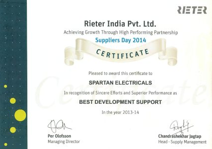 Certificate from Rieter India Pvt. Ltd.